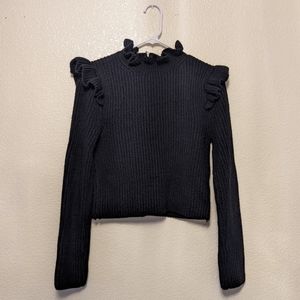Ruffled Mock Neck and Shoulder Black Rib-Knit Long Sleeve Medium NWT